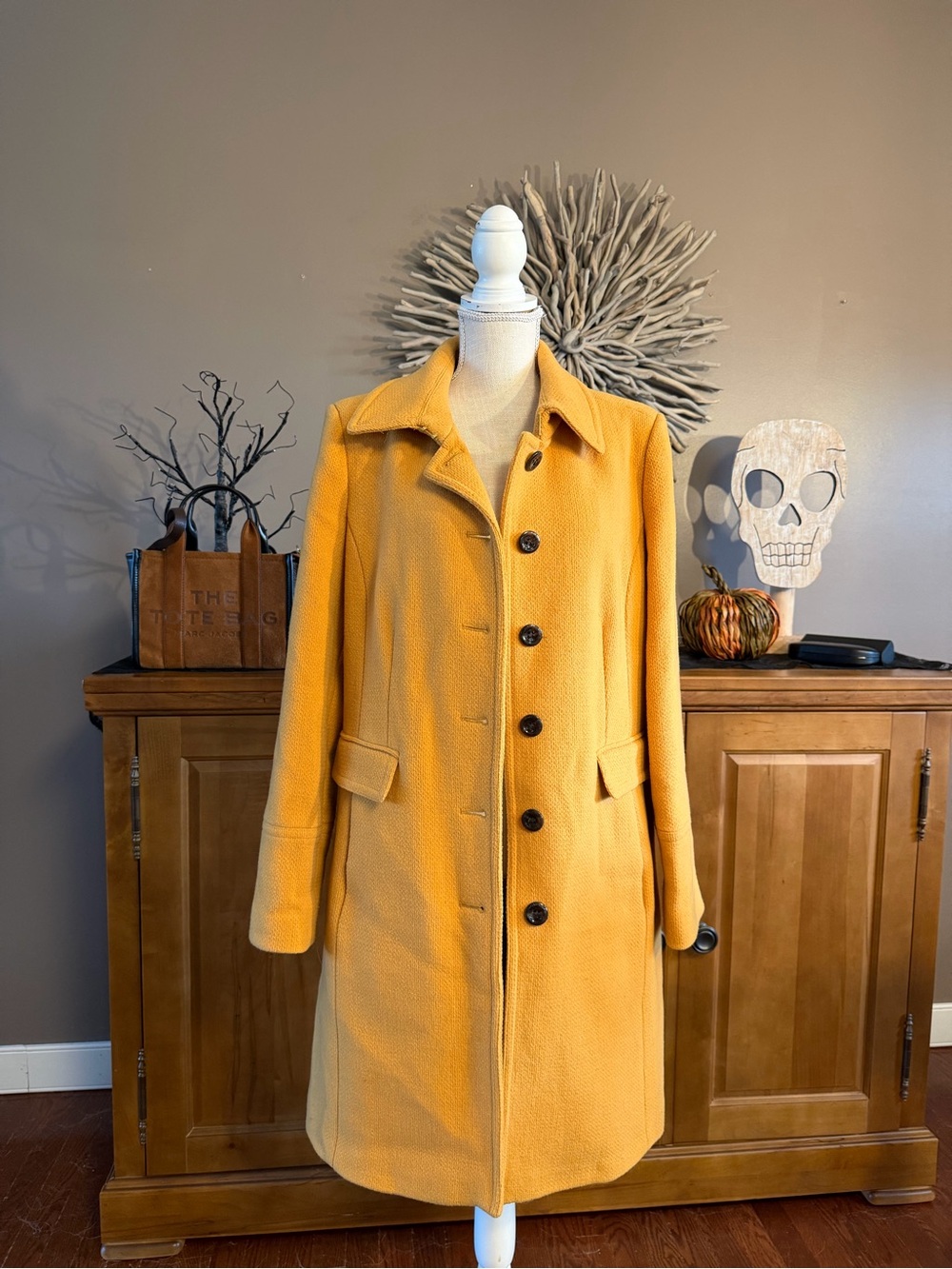Mustard Yellow Wool Blend Long Coat | Classic Button Front Fall Winter Jacket